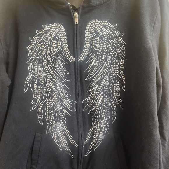 LOS ANGELES BUS STOP BLACK ZIP UP HOODIE WITH STUDDED ANGEL WINGS SIZE 3X - Picture 2 of 5